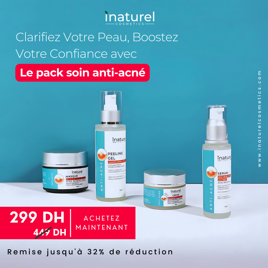 Pack Soin Anti-Acné Inaturel avec sérum, crème, masque et gel peeling, formulé pour traiter, hydrater et prévenir les éruptions cutanées