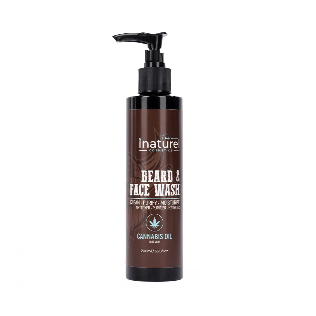 Beard & Face Wash Inaturel, nettoyant doux à base d'huile de chanvre et aloe vera, hydrate et revitalise la barbe et la peau, pour une sensation de fraîcheur et de souplesse