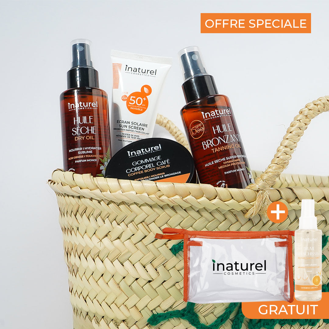 Pack Bronzage+ Inaturel avec brume rafraîchissante, gommage café, écran solaire SPF 50+, huile bronzante, et huile sèche, pour une peau éclatante