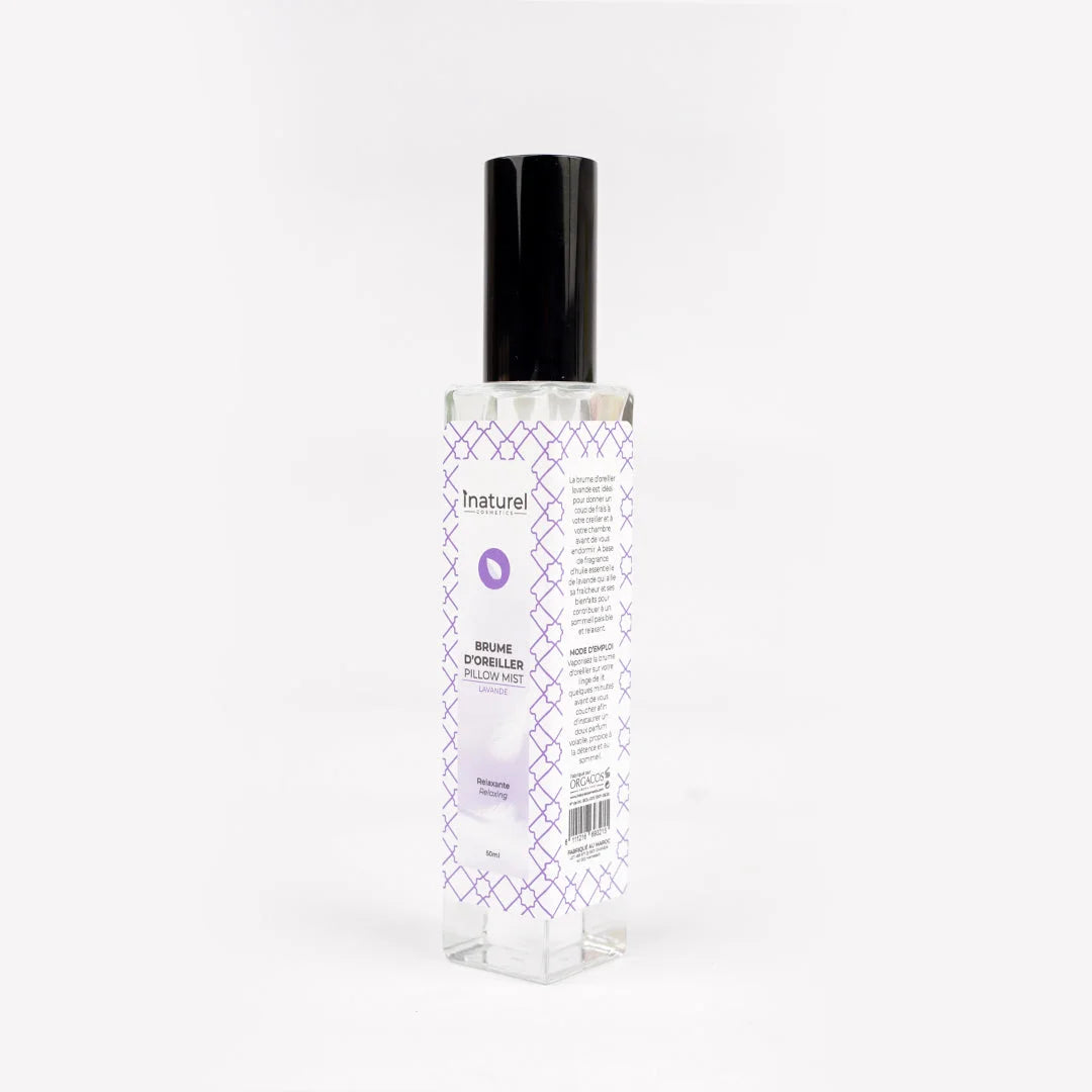 Brume d&#39;oreiller à la lavande Inaturel 50ml, diffuseur de parfum relaxant pour rafraîchir le linge de lit et favoriser un sommeil paisible et apaisant.