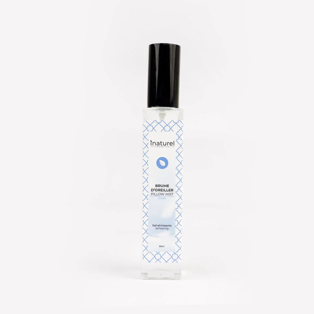 Brume d'oreiller Ocean Inaturel 50ml, diffuseur de parfum frais et marin pour rafraîchir le linge de lit, créant une atmosphère apaisante et propice au sommeil.