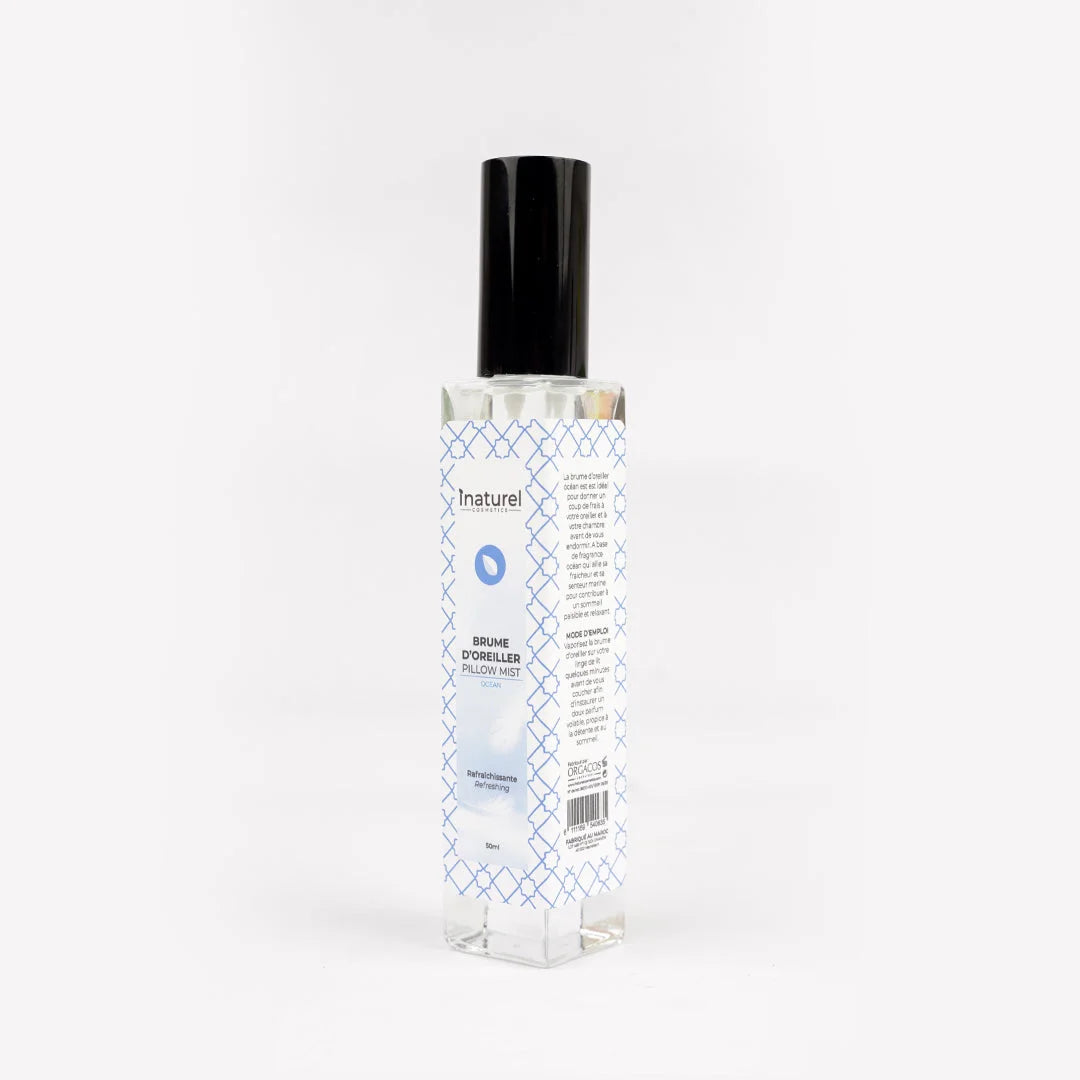 Brume d&#39;oreiller Ocean Inaturel 50ml, diffuseur de parfum frais et marin pour rafraîchir le linge de lit, créant une atmosphère apaisante et propice au sommeil.