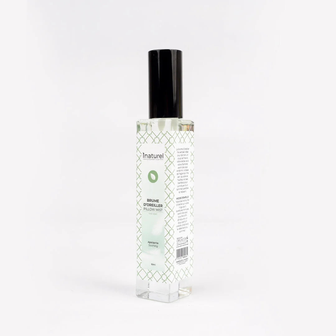 Brume d&#39;oreiller Thé Vert Inaturel 50ml, diffuseur de parfum frais et apaisant au thé vert pour rafraîchir le linge de lit et favoriser un sommeil relaxant.