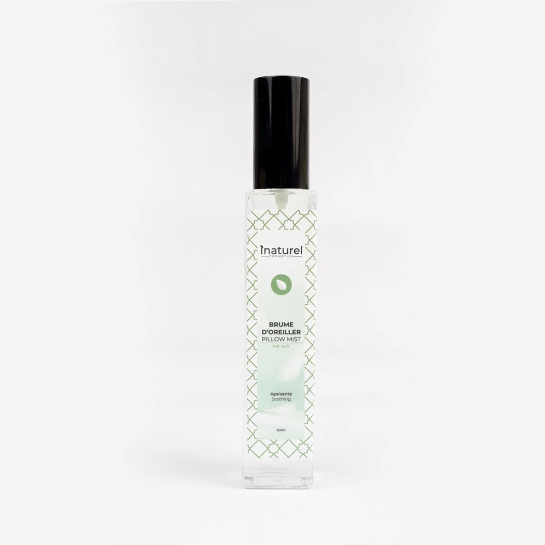 Brume d&#39;oreiller Thé Vert Inaturel 50ml, diffuseur de parfum frais et apaisant au thé vert pour rafraîchir le linge de lit et favoriser un sommeil relaxant.