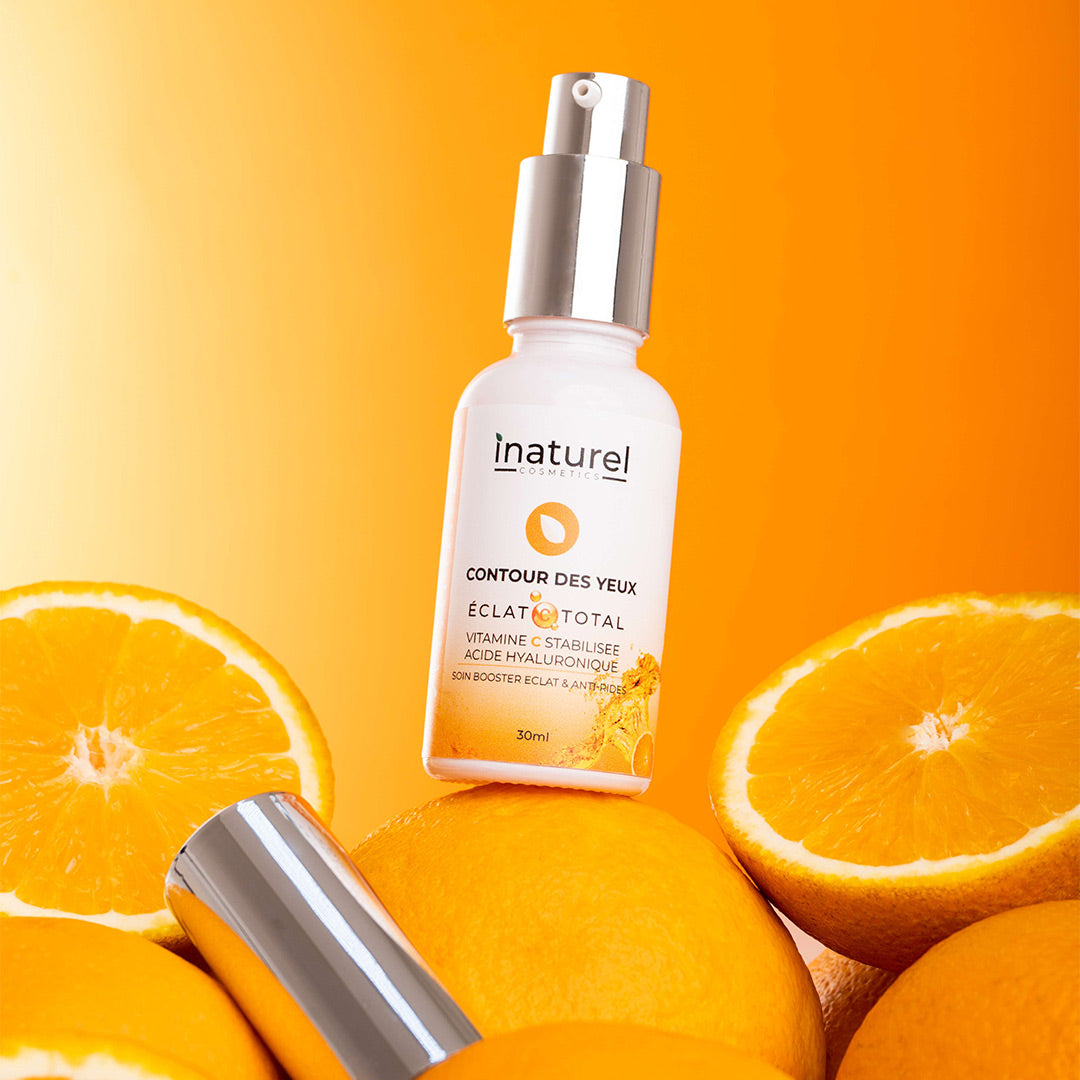 Contour des yeux Vitamin C Inaturel 30ml, réduit les cernes et les poches sous les yeux, illumine et hydrate grâce à la vitamine C, pour un regard frais et éclatant.