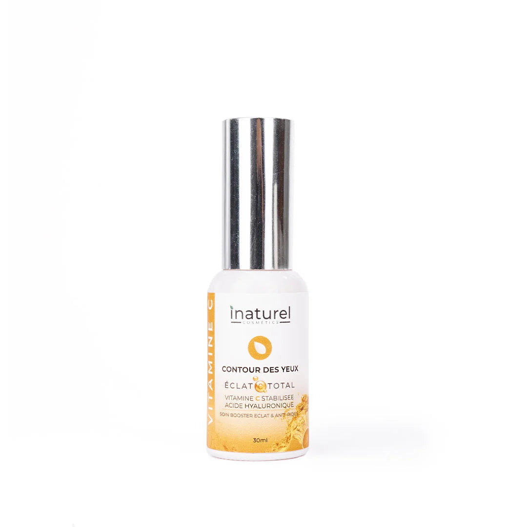 Contour des yeux Vitamin C Inaturel 30ml, réduit les cernes et les poches sous les yeux, illumine et hydrate grâce à la vitamine C, pour un regard frais et éclatant.