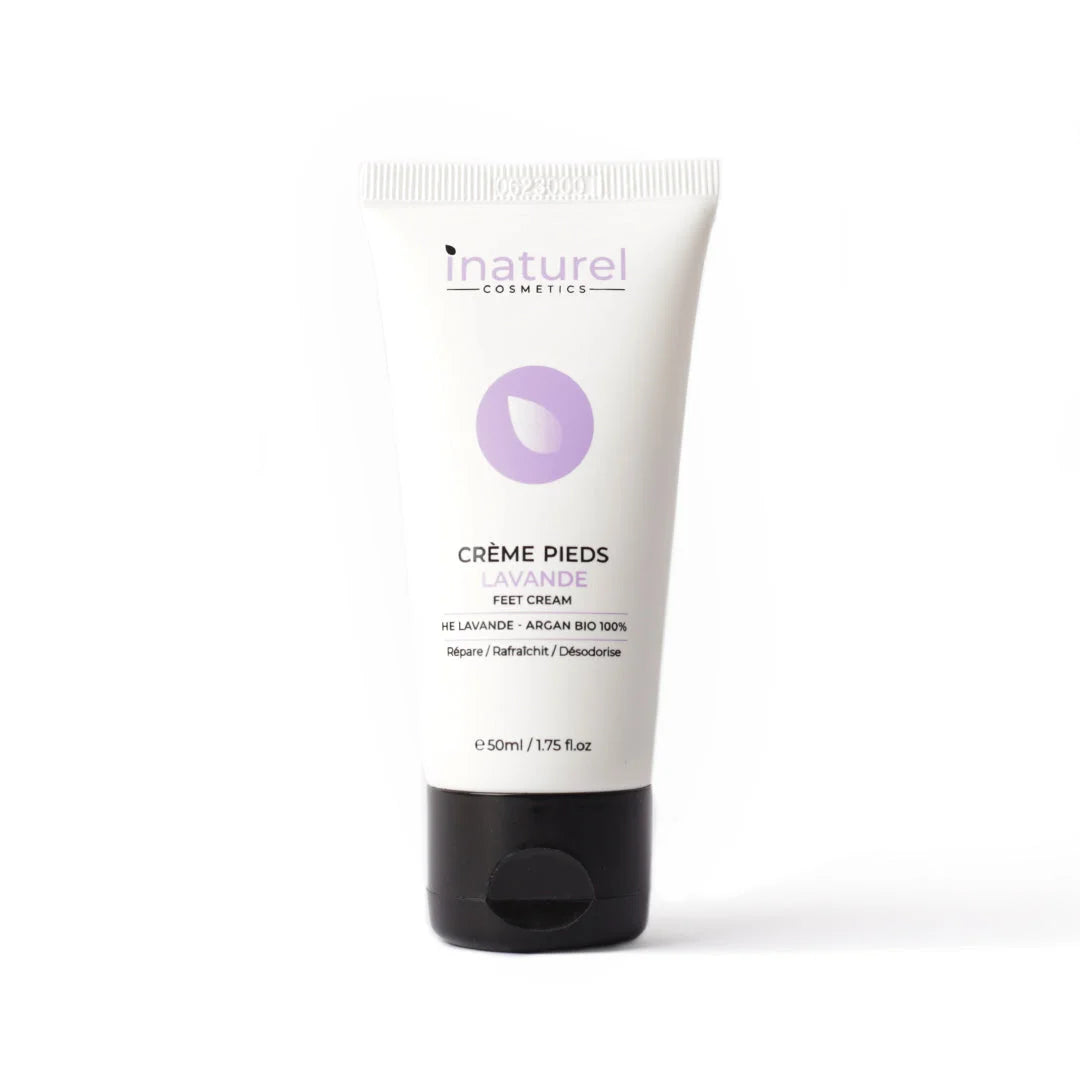 Crème Pieds Lavande Inaturel 50ml, apaisante et hydratante, enrichie en lavande pour nourrir et réparer les pieds secs tout en apportant une sensation de fraîcheur.