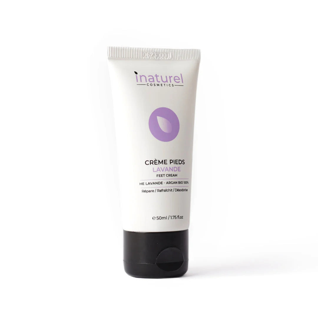 Crème Pieds Lavande Inaturel 50ml, apaisante et hydratante, enrichie en lavande pour nourrir et réparer les pieds secs tout en apportant une sensation de fraîcheur.