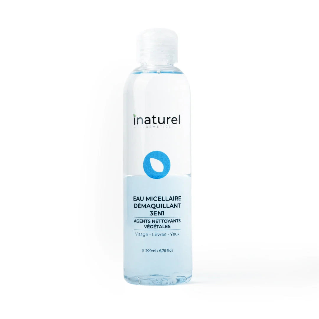 Eau Micellaire Bleu Inaturel 200ml, nettoyant purifiant et hydratant, élimine en douceur le maquillage et les impuretés tout en rafraîchissant la peau.