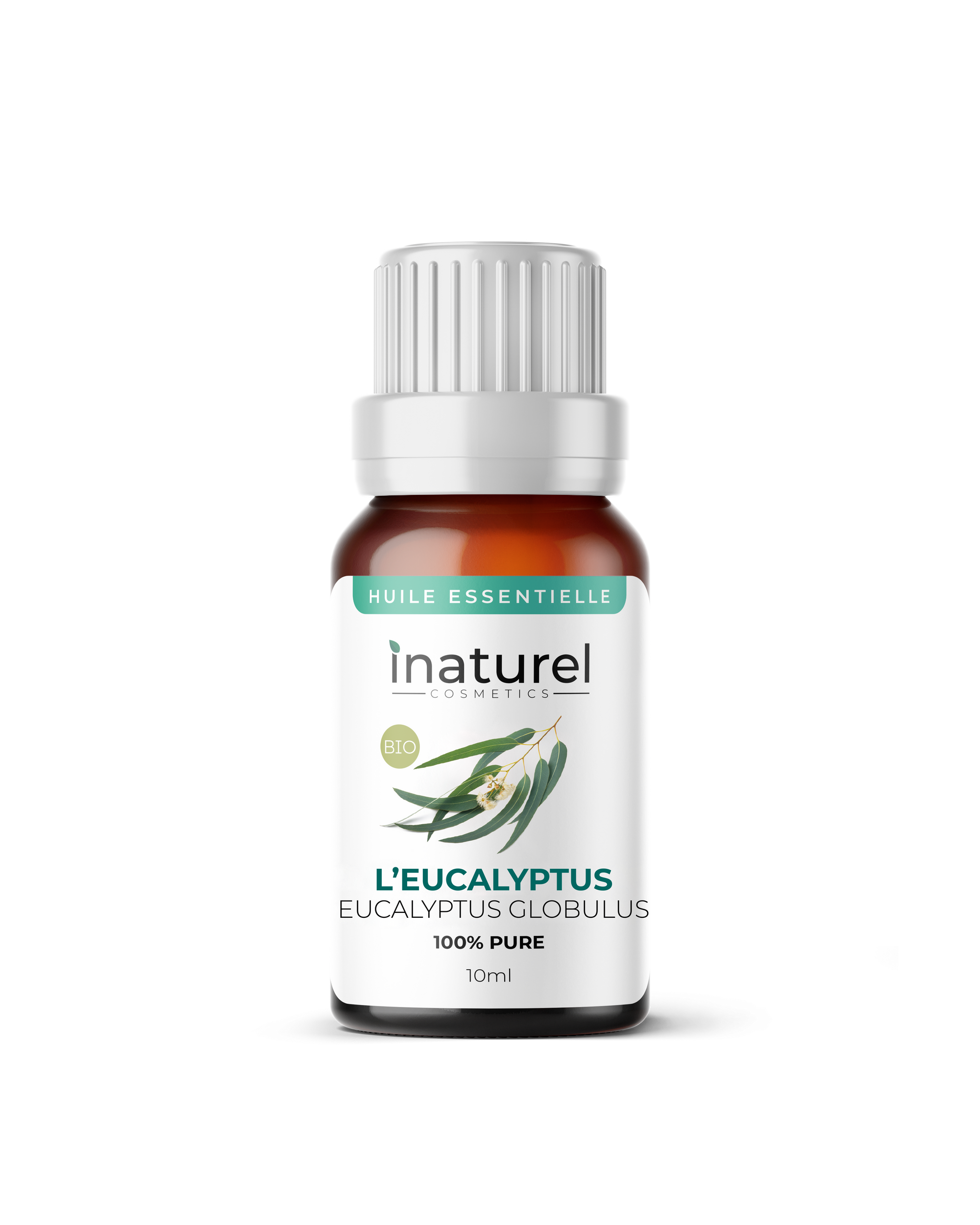 Huile essentielle d'Eucalyptus Inaturel 10ml, soulageant les infections respiratoires, rhumes et sinusites, avec des propriétés purifiantes.