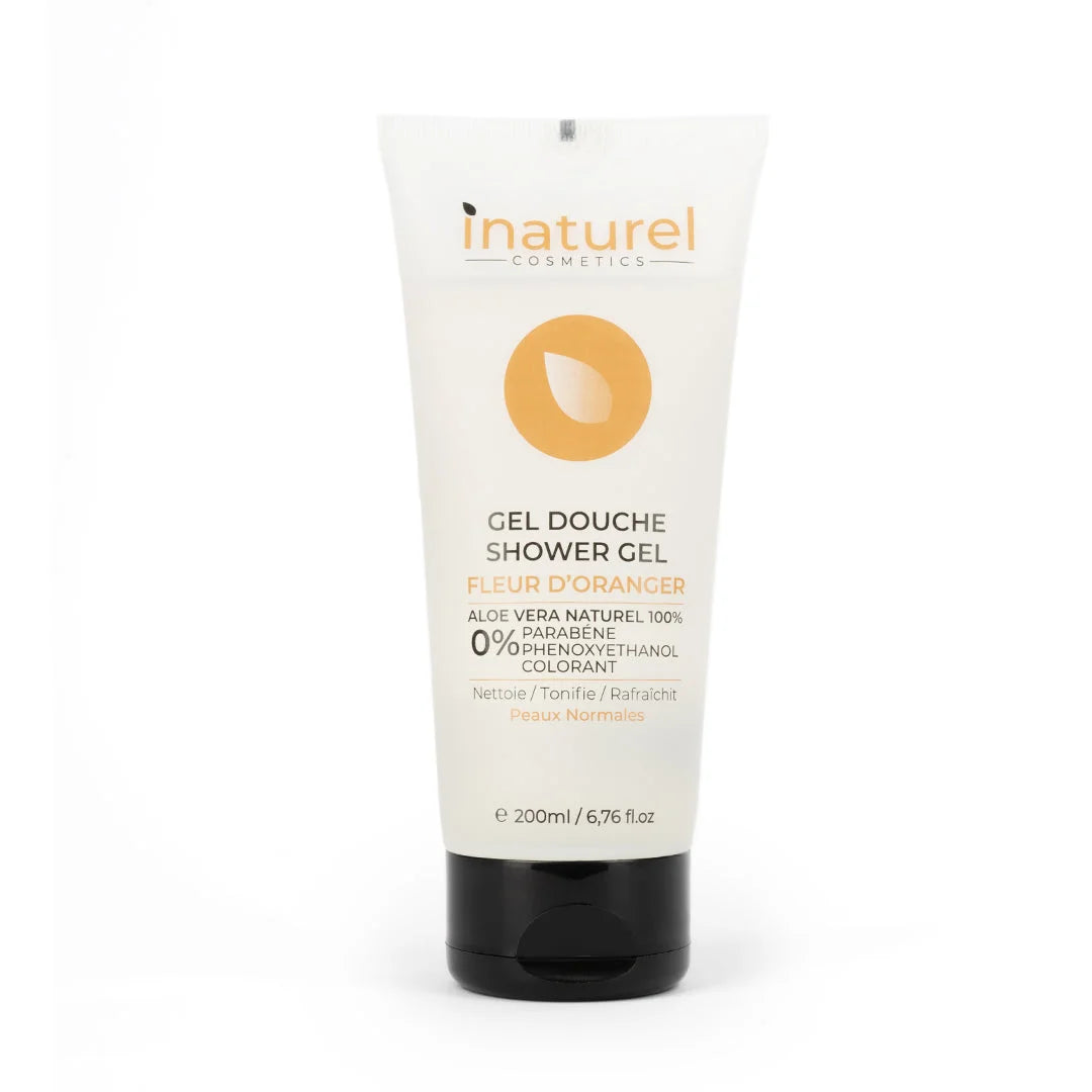 Gel Douche Fleur d’Oranger Inaturel 200ml, nettoyant doux à base de fleur d&#39;oranger, hydrate et rafraîchit la peau tout en laissant un parfum délicat et apaisant.