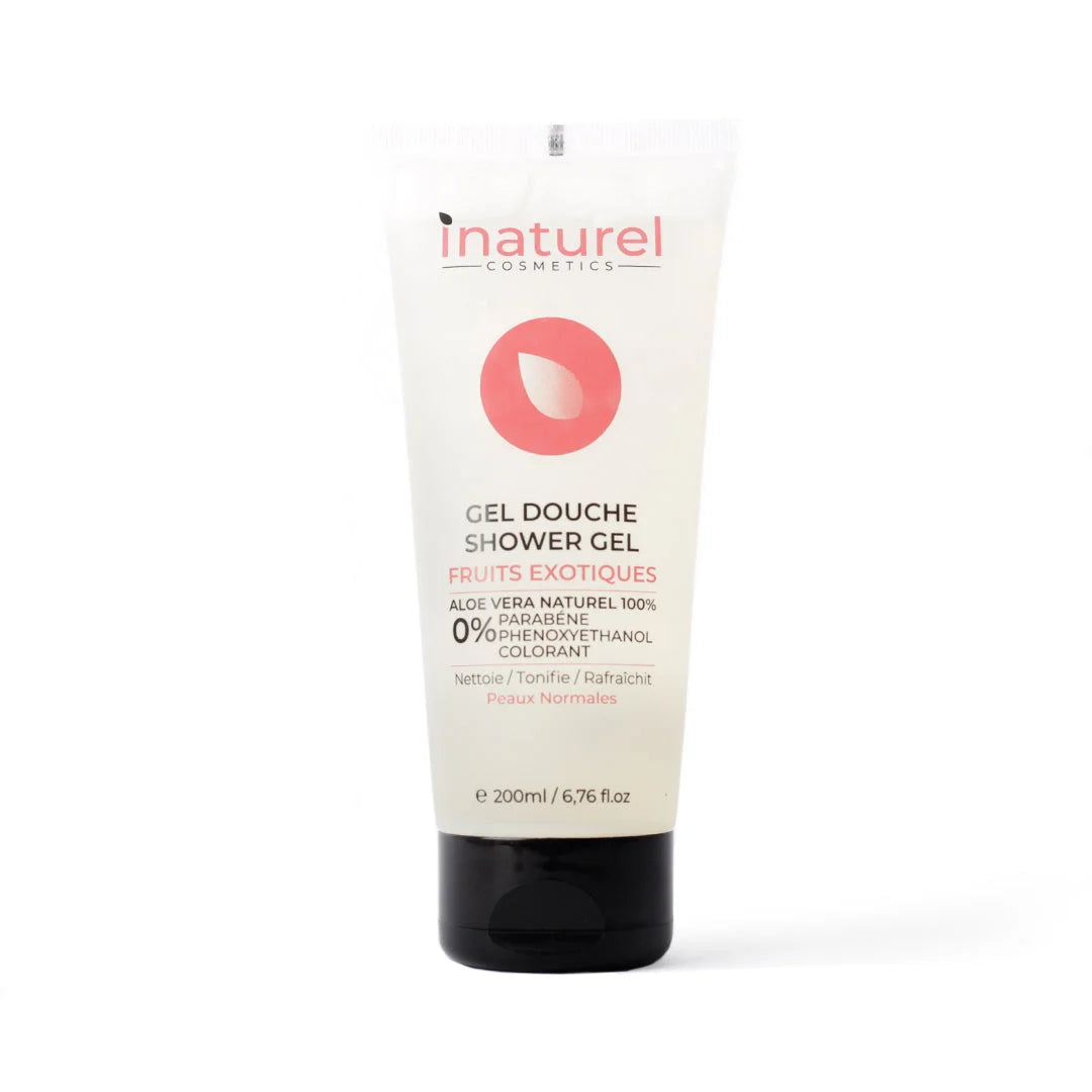 Gel Douche Fruits Exotiques Inaturel 200ml, nettoyant doux à base d'extraits de fruits exotiques, hydrate et revitalise la peau tout en laissant une sensation de fraîcheur fruitée.