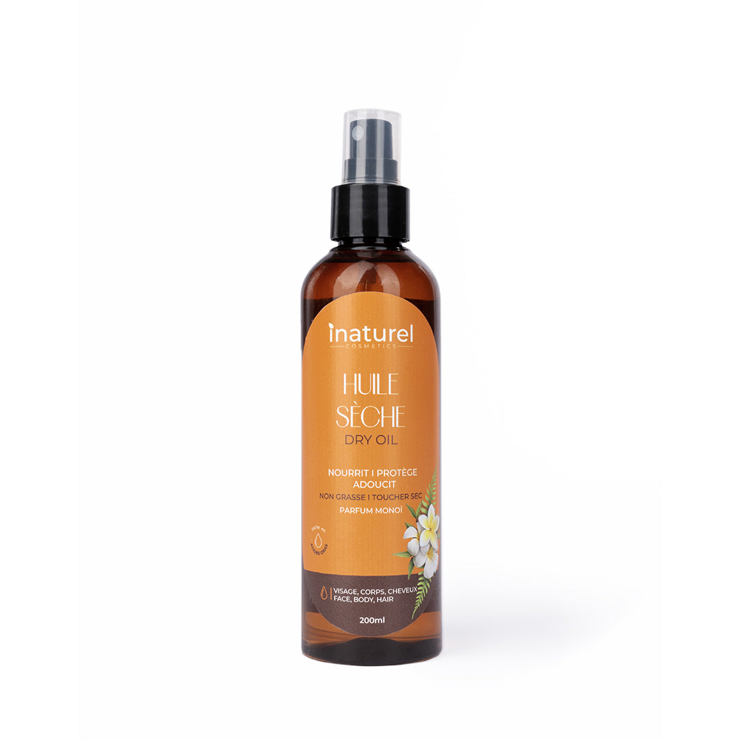 Huile sèche Inaturel 200ml, riche en acides gras, non grasse, hydratante et réparatrice pour la peau et les cheveux avec un parfum délicat.