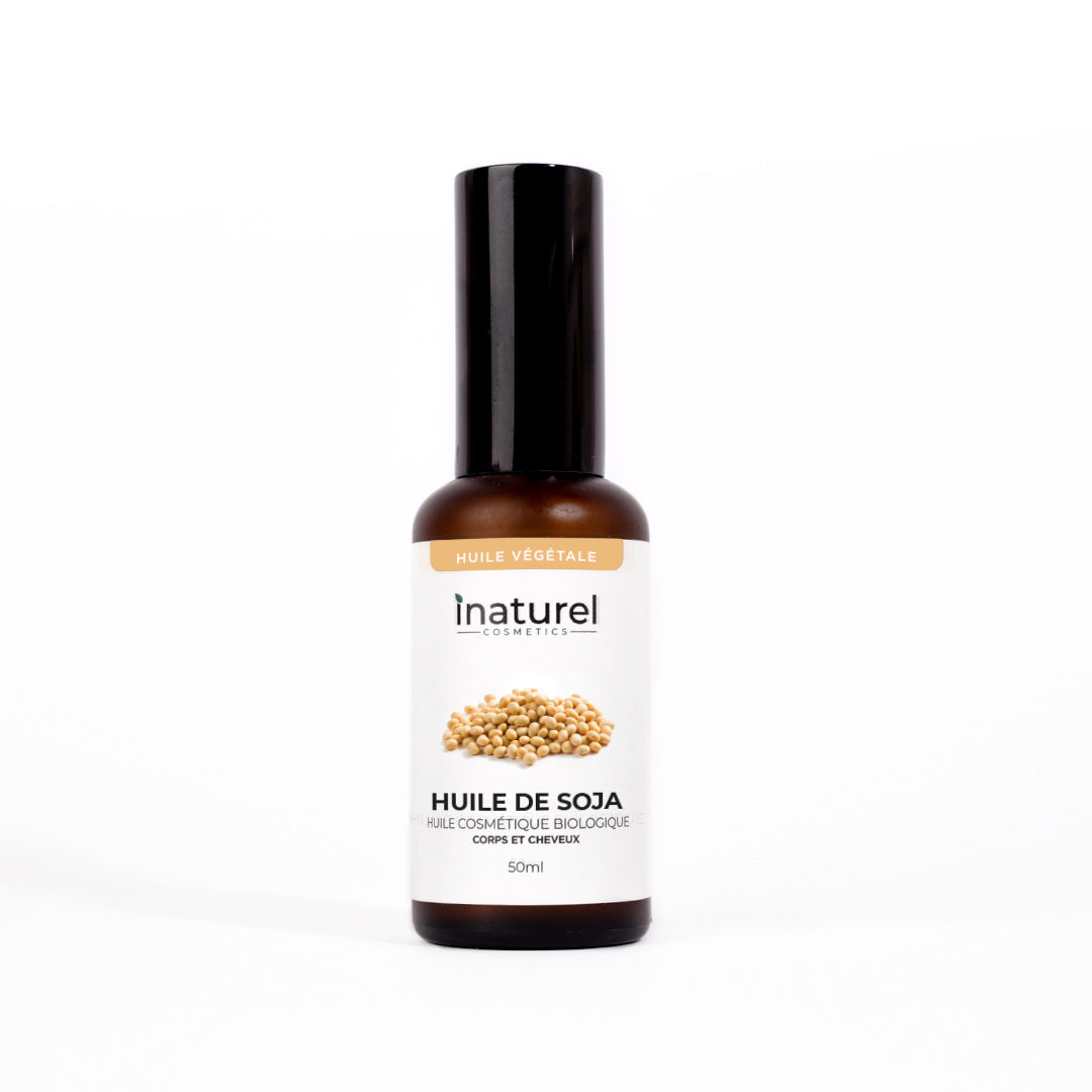 Huile végétale de soja Inaturel 50ml, hydratante et régénérante, idéale pour peaux mixtes et cheveux, riche en oméga et vitamines.