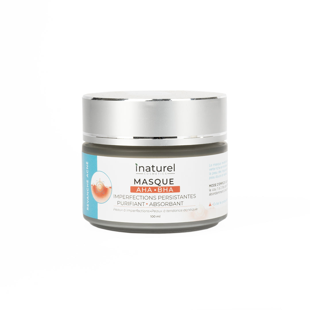 Masque Revanche Acné Inaturel 100ml, à base d&#39;AHA, BHA et argile verte, purifiant, détoxifiant et désincrustant pour une peau douce et radieuse.