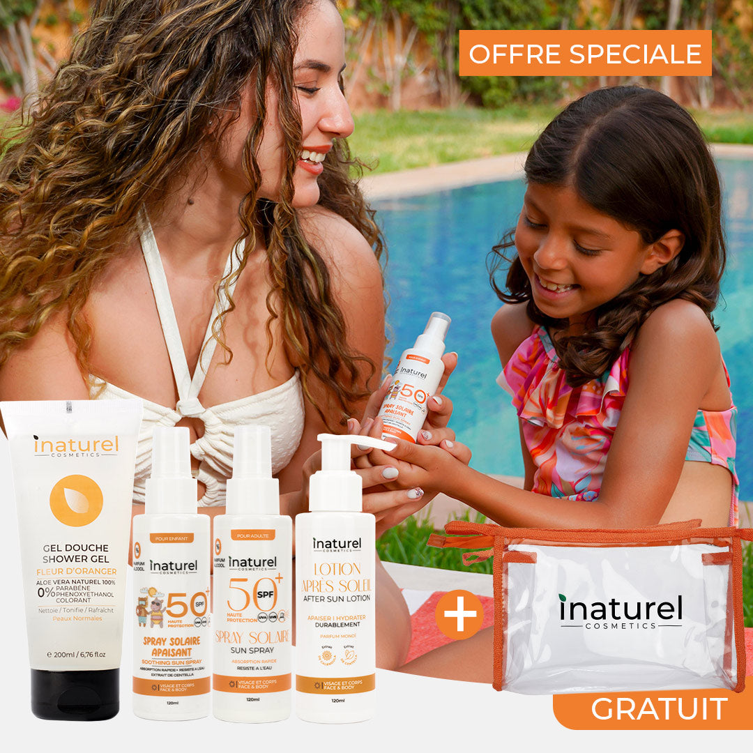 Pack Famille Inaturel avec spray solaire SPF 50+ pour enfant et adulte, lotion après-soleil, et gel douche à la fleur d&#39;oranger. Trousse gratuite incluse.