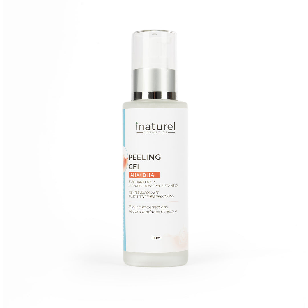 Peeling Gel Revanche Acné Inaturel 100ml, exfoliant doux aux AHA et BHA, éliminant les cellules mortes, lissant la peau et réduisant les imperfections.