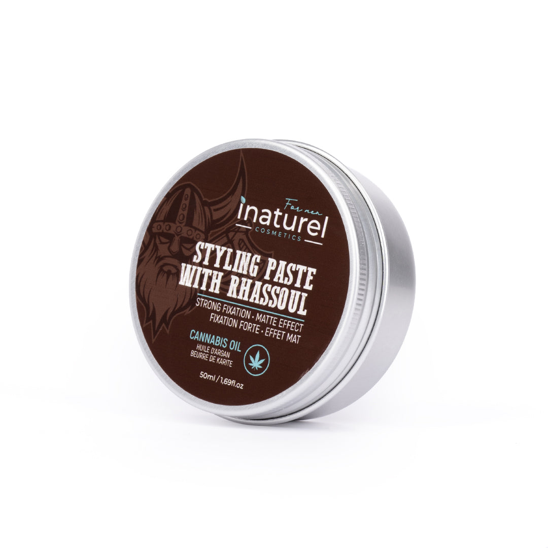 Pâte coiffante Inaturel au Rhassoul 50ml, avec fixation forte et effet mat, enrichie en huile de chanvre, argan et beurre de karité pour nourrir et protéger les cheveux