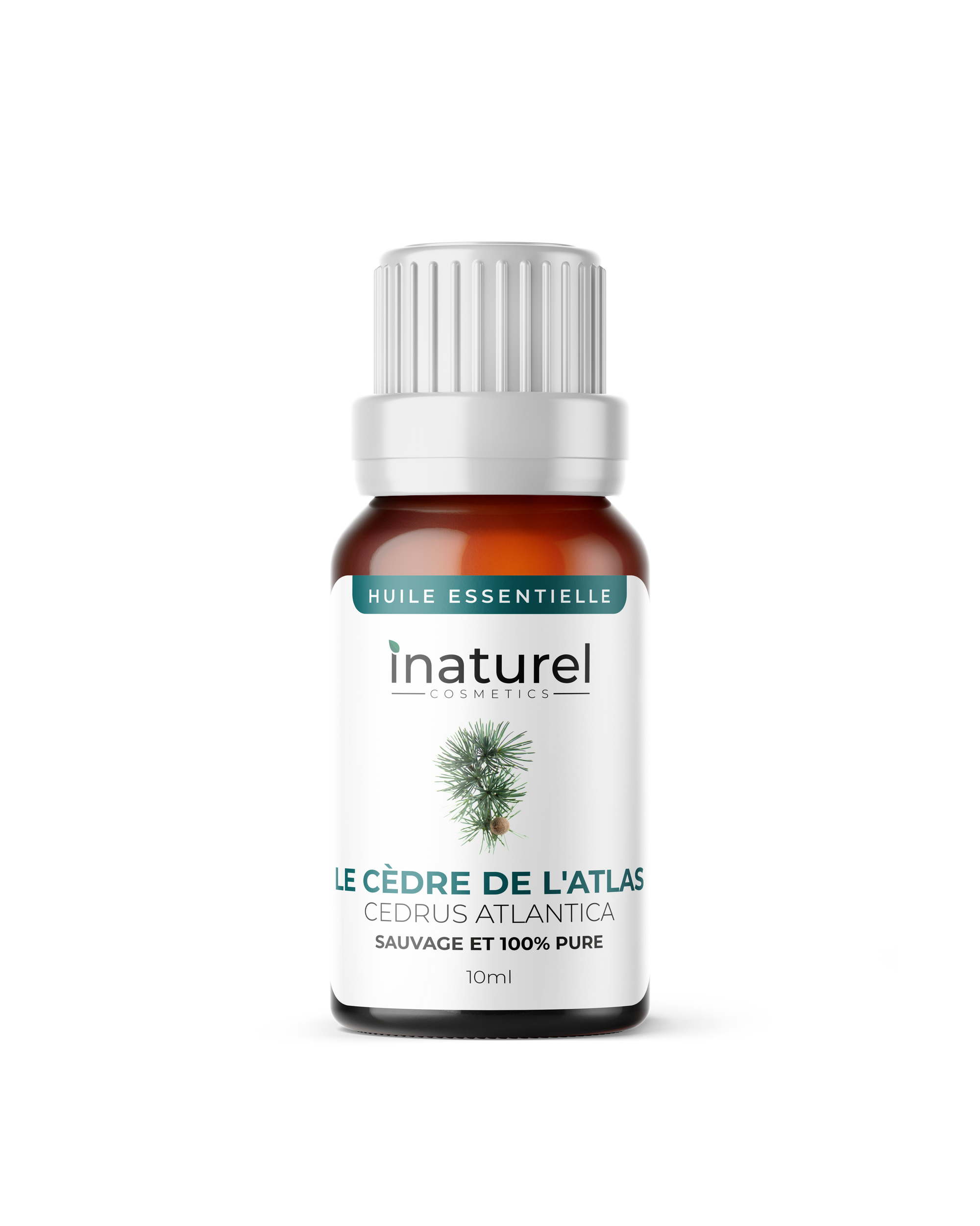 Huile essentielle de Cèdre de l'Atlas Inaturel 10ml, aux propriétés apaisantes et purifiantes, parfum boisé pour méditation.