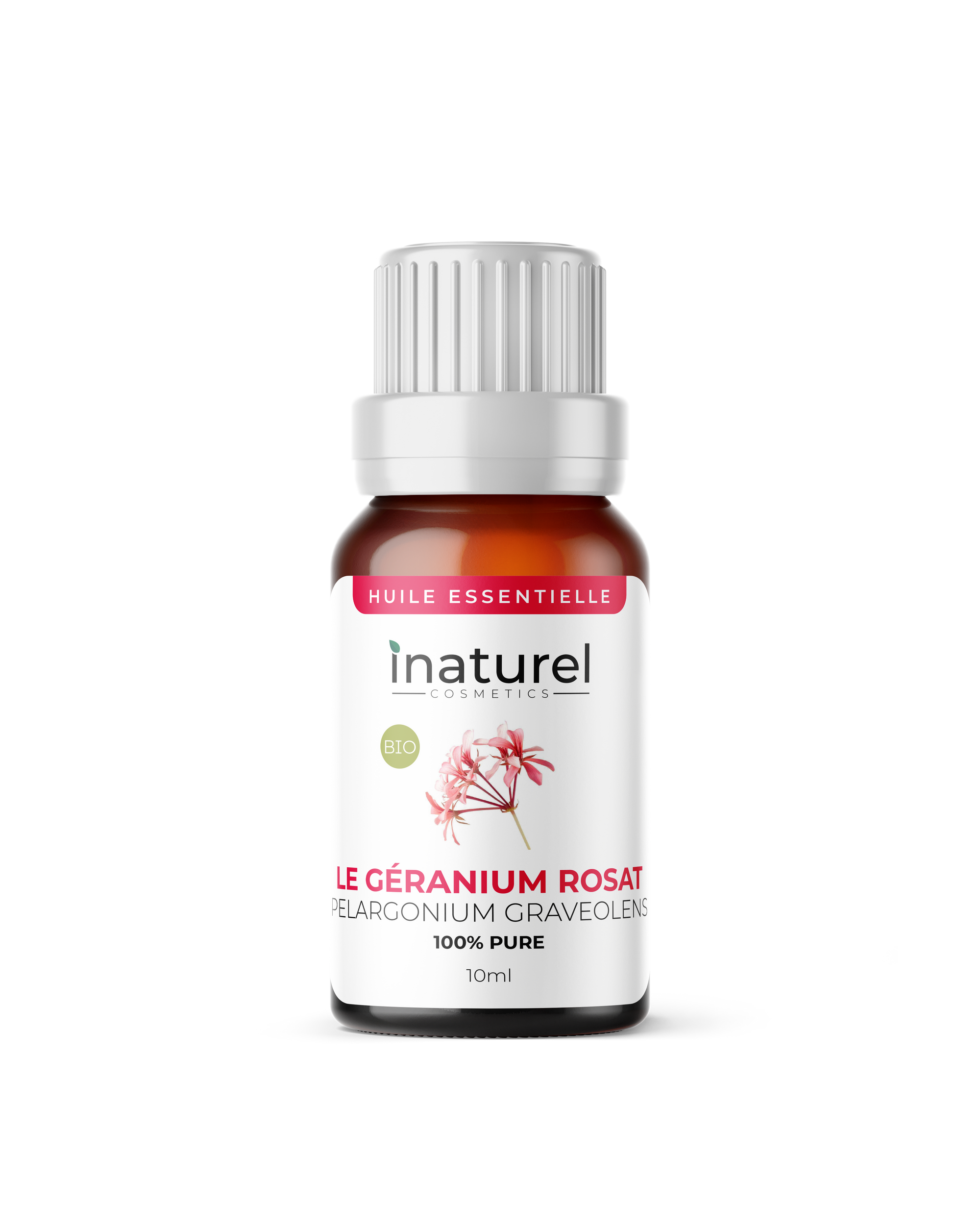 Huile essentielle de Géranium Rosat Inaturel 10ml, idéale pour tonifier la peau, réduire les rougeurs et apporter un soin anti-âge naturel.