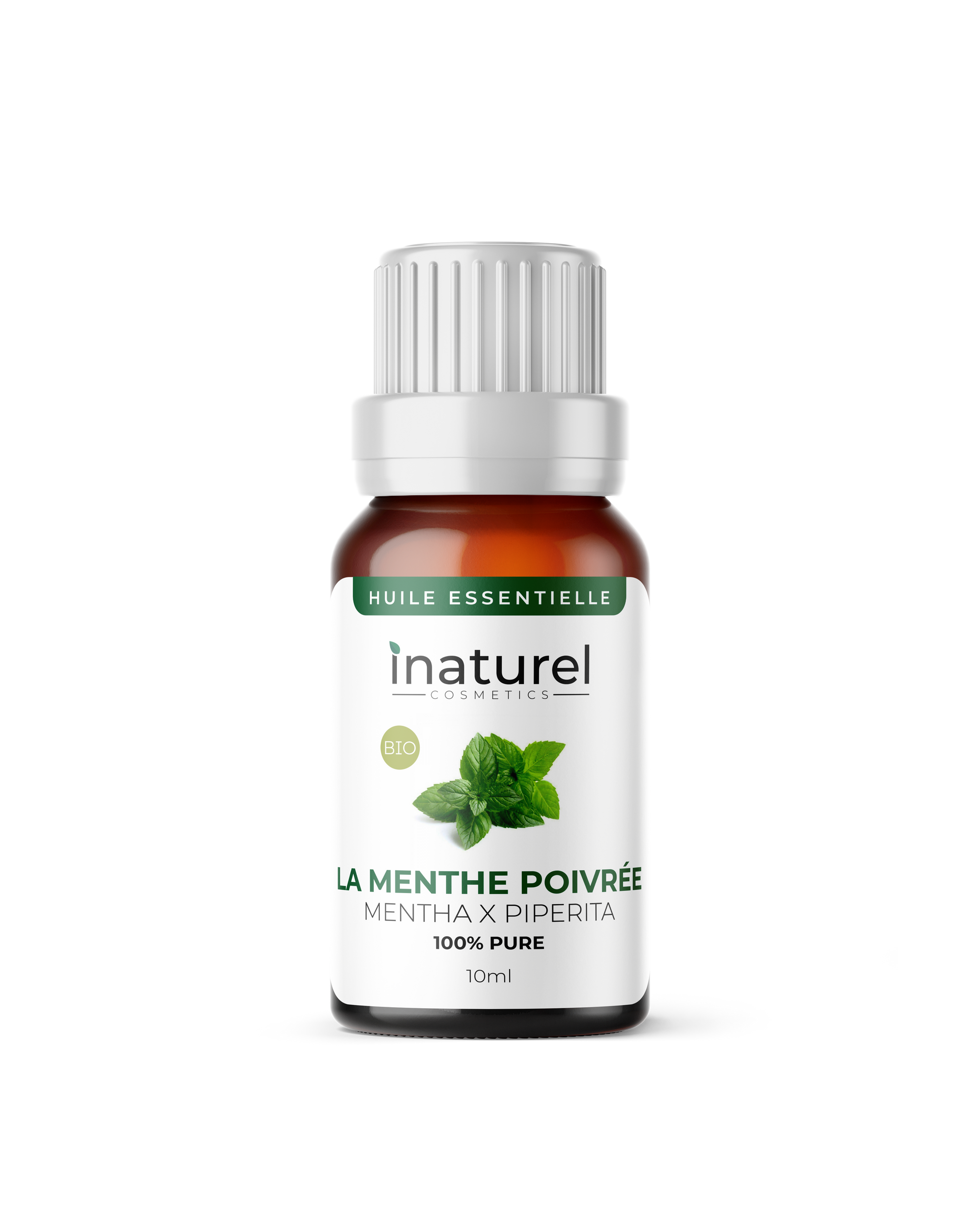 Huile essentielle de Menthe Poivrée Inaturel 10ml, aux propriétés rafraîchissantes et antalgiques, idéale contre migraines, chocs et troubles digestifs.