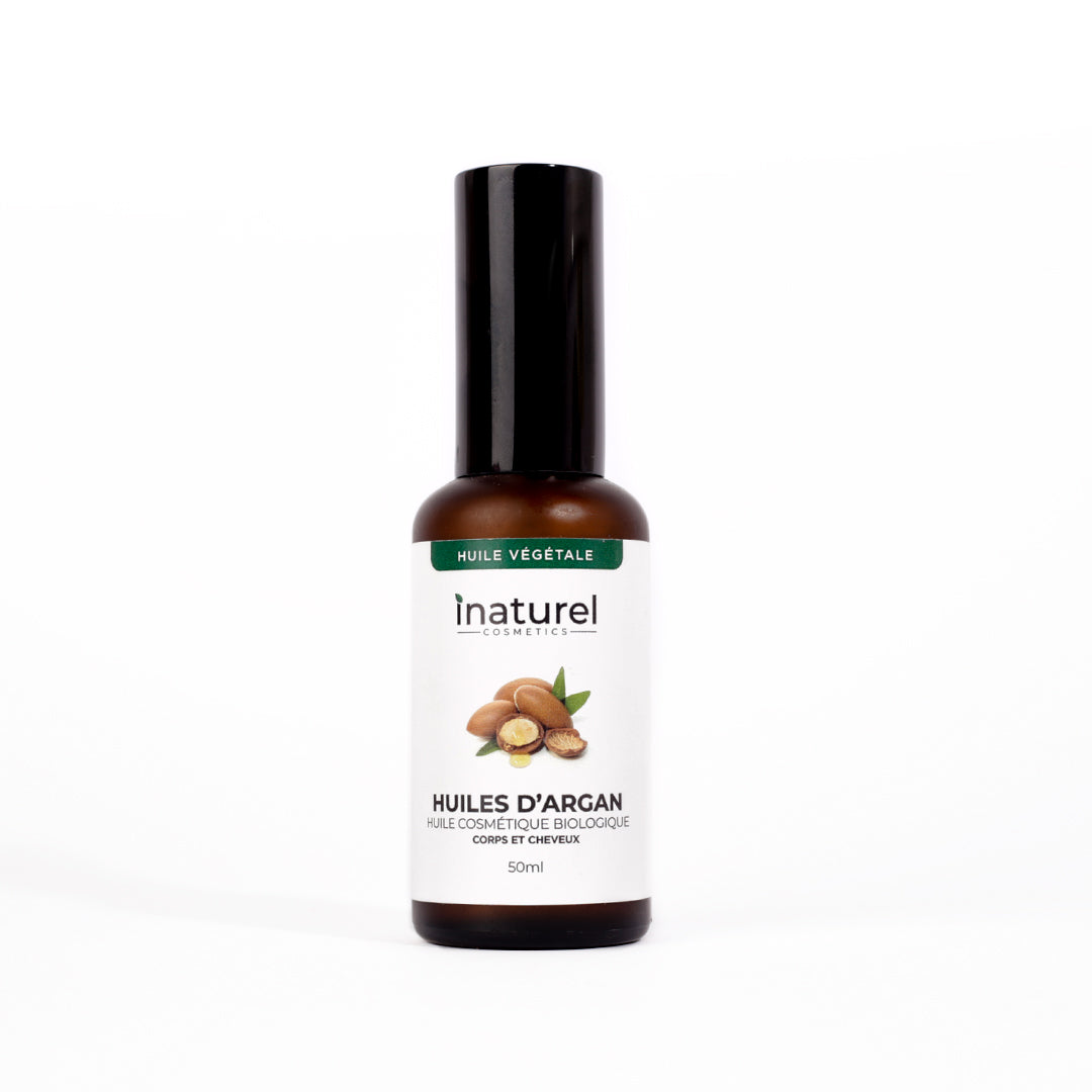 Huile végétale d'argan Inaturel 50ml, régénérante et anti-âge, idéale pour le visage, corps, cheveux et ongles, riche en vitamines et acides gras.