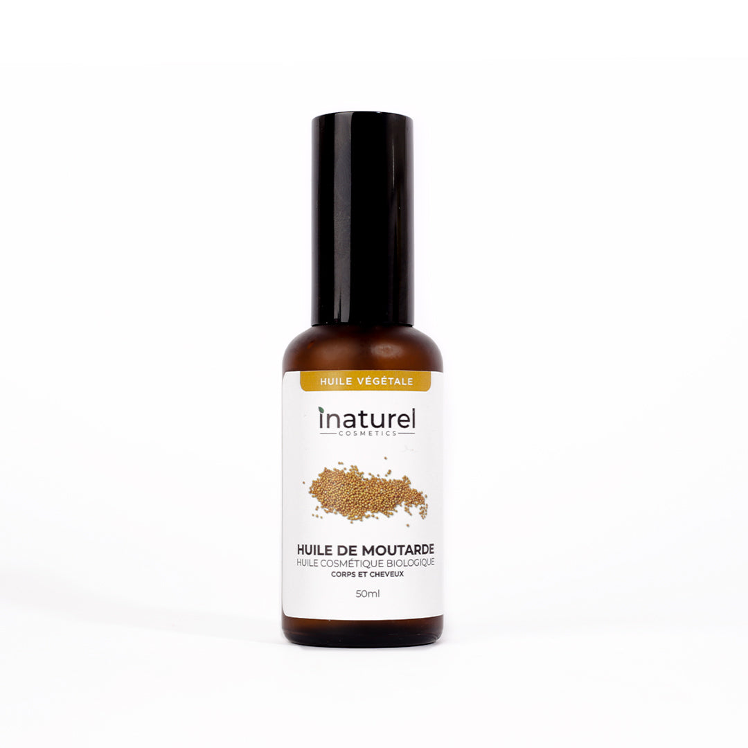 Huile végétale de moutarde Inaturel 50ml, idéale pour la pousse des cheveux, lutter contre la chute, et en massage stimulant et tonifiant.