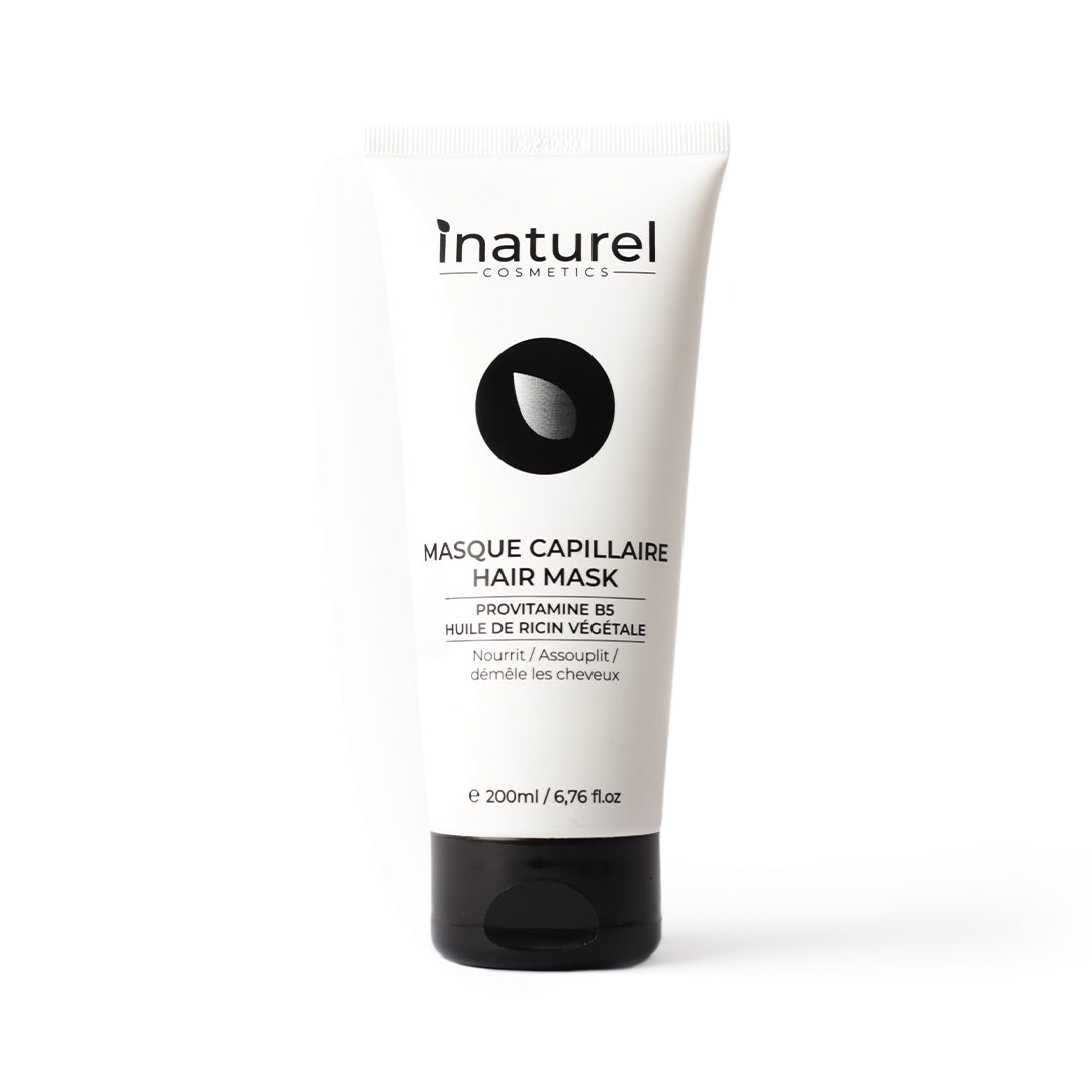 Masque capillaire Inaturel 200ml, enrichi en provitamine B5, huile de ricin et huile d'argan, nourrit, démêle et rend les cheveux souples et brillants.