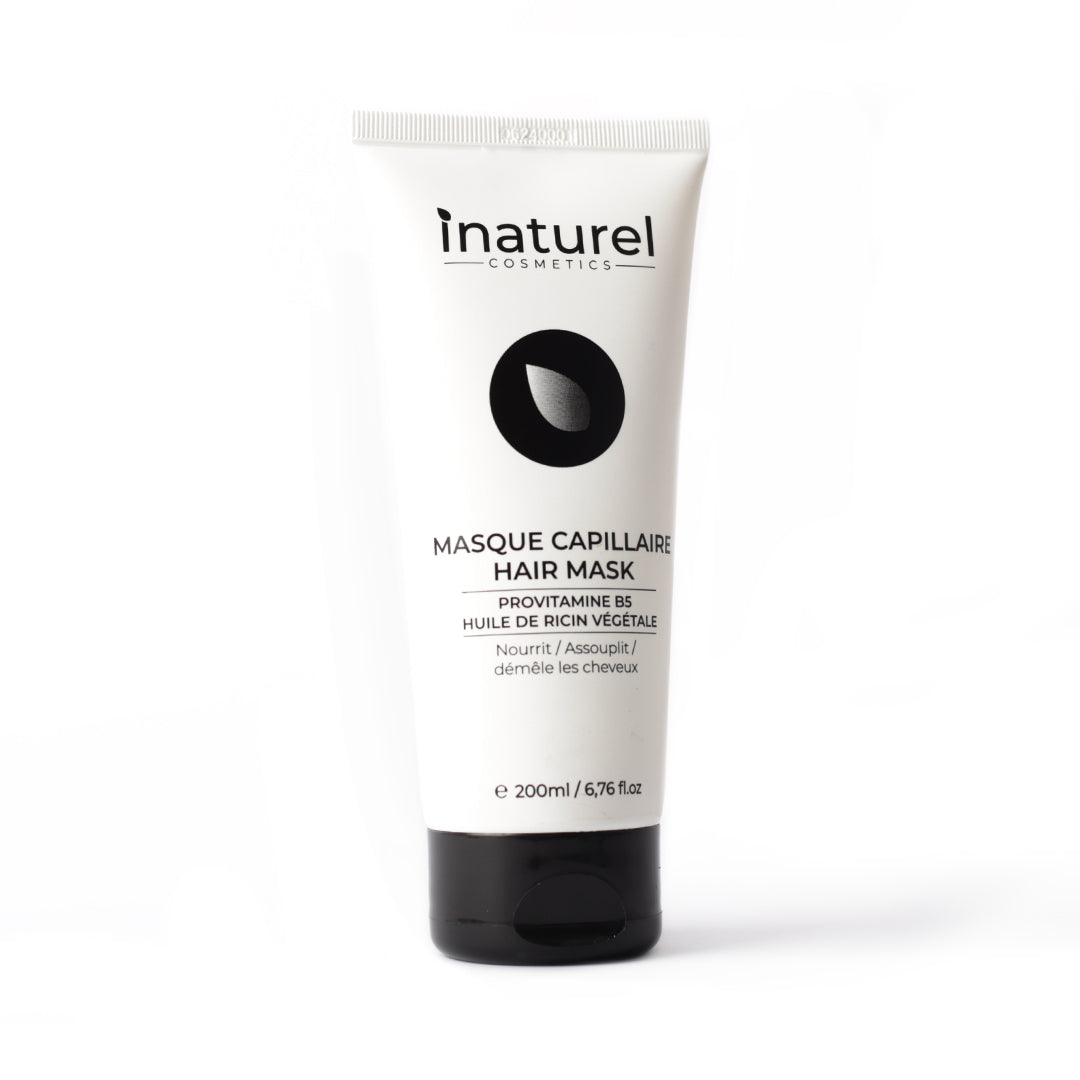 Masque capillaire Inaturel 200ml, enrichi en provitamine B5, huile de ricin et huile d'argan, nourrit, démêle et rend les cheveux souples et brillants.