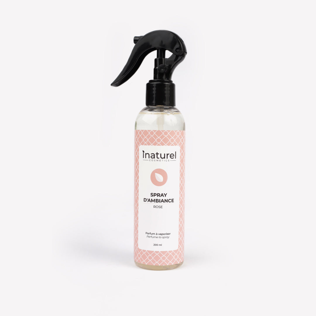 Spray d'ambiance Inaturel à la rose du Maroc 200ml, diffusant une senteur fraîche et florale pour parfumer votre maison avec douceur